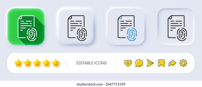 Fingerprint document line icon. Neumorphic, Flat shadow, 3d buttons. Finger print scan sign. Biometric identity symbol. Line fingerprint icon. Social media icons. Vector