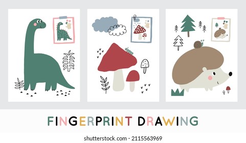 Fingerprint drawing books. Printable coloring page for preschool. Cute vector worksheets with hedgehog, dinosaur, mushroom