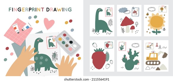 Fingerprint drawing books. Printable coloring page for preschool. Cute vector worksheets with with dinosaur, cactus, flower, car, digger