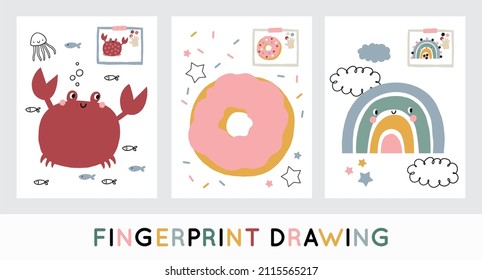 Fingerprint drawing books. Printable coloring page for preschool. Cute vector worksheets with rainbow, crab, donut