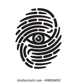 Fingerprint with eye inside. Conceptual security logo or identification icon of dashed line finger print