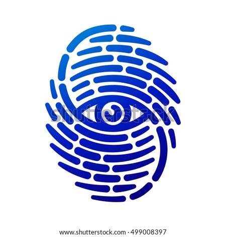 Fingerprint with eye inside. Conceptual security logo or identification icon of dashed line finger print