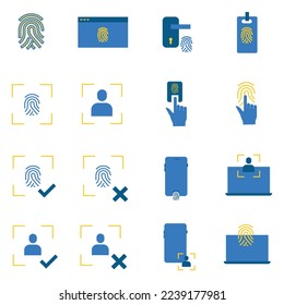 teclado y smartphone con juego de iconos vectoriales de reconocimiento de huellas digitales y reconocimiento facial 