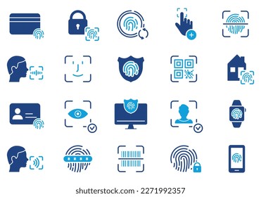 Fingerprint, Facial Identity in Mobile Phone, Computer Silhouette Icon Set. Touch ID, Face ID Pictogram. Biometric Identification Symbol. Security Password Color Sign. Isolated Vector Illustration.