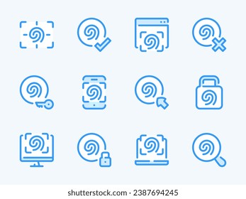 Fingerprint and Finger Recognition vector line icons. Authentication and Identification outline icon set. Scan, Access, Search, Login, Website and more.