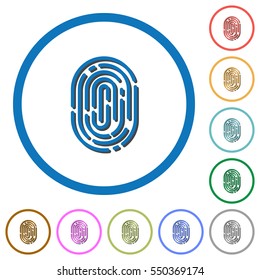 Fingerprint flat color vector icons with shadows in round outlines on white background