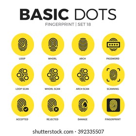 Fingerprint flat icons set with loop form, arch form and password form isolated vector illustration on white