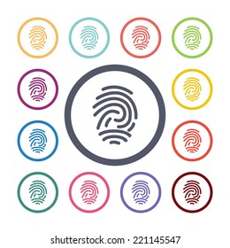 fingerprint flat icons set. Open round colorful buttons. Vector 