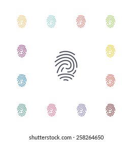 fingerprint flat icons set. Open colorful buttons 