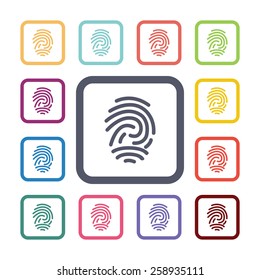 fingerprint flat icons set. Open round colorful buttons. Vector 