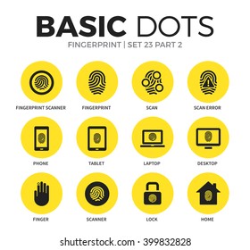 Fingerprint flat icons set with fingerprint scan, scan and phone security isolated vector illustration
