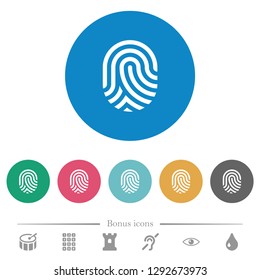 Fingerprint flat white icons on round color backgrounds. 6 bonus icons included.