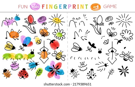 Fingerprint game for children. Nursery learning paint, baby painted art activities. Education draw animals and insects, kindergarten play decent vector template