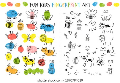 Fingerprint game for kids. Fun educational activity for children study to paint with fingers. Doodle animals and insects drawing vector set as bee, elephant, frog, cow, butterfly and cat