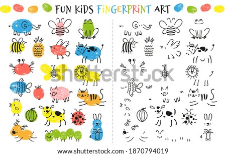 Fingerprint game for kids. Fun educational activity for children study to paint with fingers. Doodle animals and insects drawing vector set as bee, elephant, frog, cow, butterfly and cat