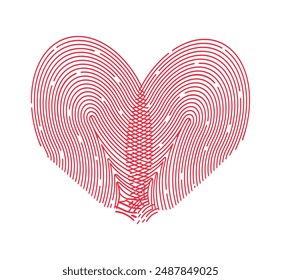 Corazón de la huella digital en estilo de dibujos animados. Ilustración vectorial de hermosas huellas dactilares en forma de un corazón rojo aislado sobre un fondo blanco. Símbolo de amor. Día de todos los amantes. Boda. Elemento de diseño.