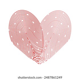 Corazón de la huella digital en estilo de dibujos animados. Ilustración vectorial de hermosas huellas dactilares en forma de un corazón rojo aislado sobre un fondo blanco. Símbolo de amor. Día de todos los amantes. Elemento Boda.Design.