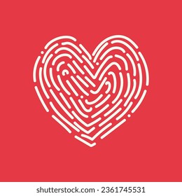 Fingerprint heart icon on red background. Romantic hand-drawn sign, doodle vector illustration