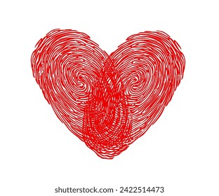 Fingerprint heart for love, wedding and Valentine, finger print or thumbprint, vector icon. Romance love, marriage and RSVP greeting or invitation card, red heart of fingerprint with doodle line art