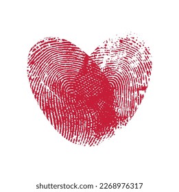 Fingerprint heart, red prints vector thumb fingers. Vector double thumbprint in shape of heart, wedding invitation or Valentines Day card sign, touch scan svg