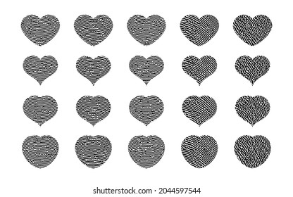 Fingerprint heart silhouette. Big set of black heart shape human finger prints isolated on white background. Vector illustration