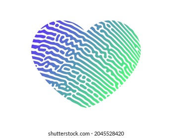 Fingerprint heart silhouette. Green heart shape human finger print isolated on white background. Vector illustration