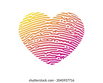 Fingerprint heart silhouette. Orange heart shape human finger print isolated on white background. Vector illustration