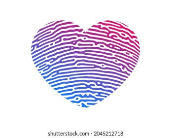 Fingerprint heart silhouette. Purple heart shape human finger print isolated on white background. Vector illustration