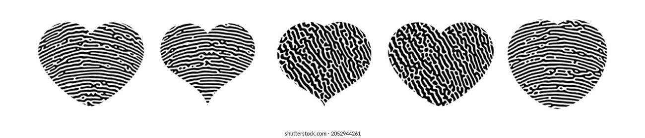 Fingerprint heart silhouette. Set of five black heart shape human finger prints isolated on white background. Vector illustration
