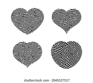 Fingerprint heart silhouette. Set of four black heart shape human finger prints isolated on white background. Vector illustration