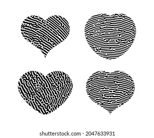 Fingerprint heart silhouette. Set of four black heart shape human finger prints isolated on white background. Vector illustration