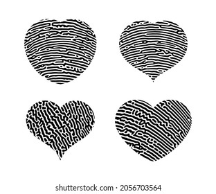 Fingerprint heart silhouette. Set of four black heart shape human finger prints isolated on white background. Vector illustration