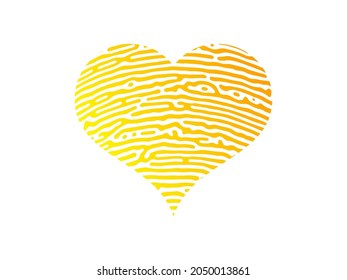 Fingerprint heart silhouette. Yellow heart shape human finger print isolated on white background. Vector illustration
