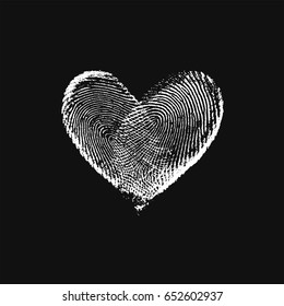 Fingerprint Heart White on Black - vector isolated love symbol for save the date, marriage and wedding invitation