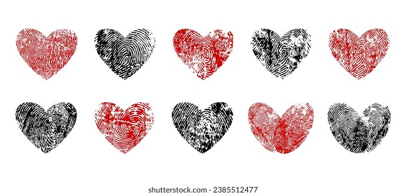 Corazones de huellas digitales, iconos amorosos de huellas digitales o huellas digitales en el corazón, vector. Invitación a la boda o al matrimonio, fiesta de San Valentín y corazones románticos de pareja de dos huellas dactilares o marcas de dedo