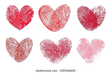 Corazones con huellas digitales. Impresiones rojas del dedo pulgar vector, concepto de amor y romance. Invitación a la boda, aniversario de matrimonio o tarjeta de San Valentín con dobles huellas digitales aisladas en forma de corazón
