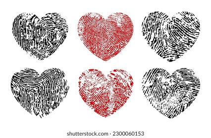 Fingerprint hearts. Valentine holiday black and red fingermark patterns, 8 march celebration ink fingerprint texture or anniversary invitation thumbprint vector symbols. Wedding card thumb prints