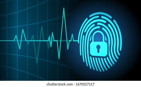 Fingerprint HUD Closed Padlock on digital background, EKG wave cyber security