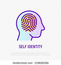 Fingerprint in human head thin line icon. Symbol of self identity. Mental health. Modern vector illustration.