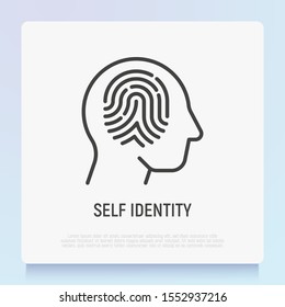 Fingerprint in human head thin line icon. Symbol of self identity. Mental health. Modern vector illustration.