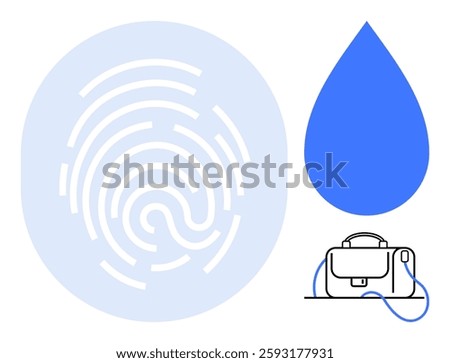 Fingerprint icon in a blue circle alongside a blue water droplet and an outlined briefcase. Ideal for security, technology, identity verification, business solutions, waterproof products, corporate