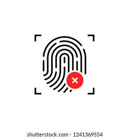 fingerprint icon with cross sign. concept of unlocking the phone with forefinger or incorrect choice and login. linear flat trend modern simple logotype graphic art design ui element isolated on white