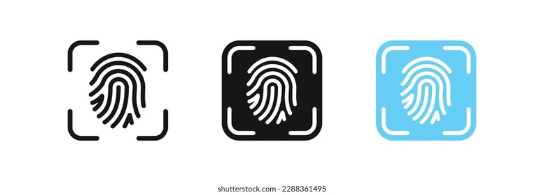 Fingerprint icon. Finger scanner symbol. Biometric id signs. Thumbprint symbols. Security icons. Human safety button. Black, blue color. Vector isolated sign.