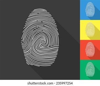 fingerprint icon - gray and colored (blue, yellow, red, green) vector illustration with long shadow