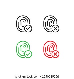 Fingerprint icon. Green check mark symbol. Biometric, dont identity sign in vector flat style.