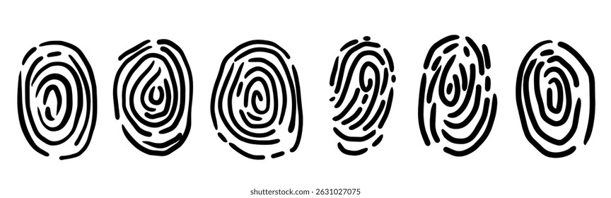 Conjunto de doodles desenhado à mão do ícone de impressão digital. Detetive anti toque esboço rabiscar em estilo simples. Ilustração do vetor de identidade de tinta preta.
