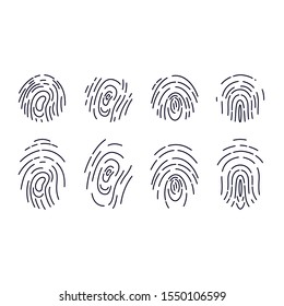 Fingerprint icon isolated. Identification symbol. Biometric authorization. Concept Cyber security. Fingerprint types vector set. Id app vector line sign.