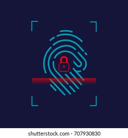Fingerprint icon with lock glyph inside and Scanner signal.Computer data protection, App security illustration.Graphic vector illustration eps 10 Flat style icon isolated on blue background.