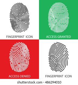 Fingerprint icon set. Concept of "access denied" and "granted access". Vector illustrations. Fingerprint identification template or security service design. Different types of isolated contours.