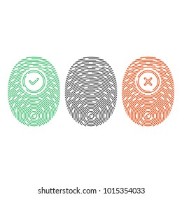 Fingerprint icon set. Electronic fingerprint scan concept. The fingerprint with confirmed and rejected authorization check mark icons. Vector illustration in flat style. EPS 10.